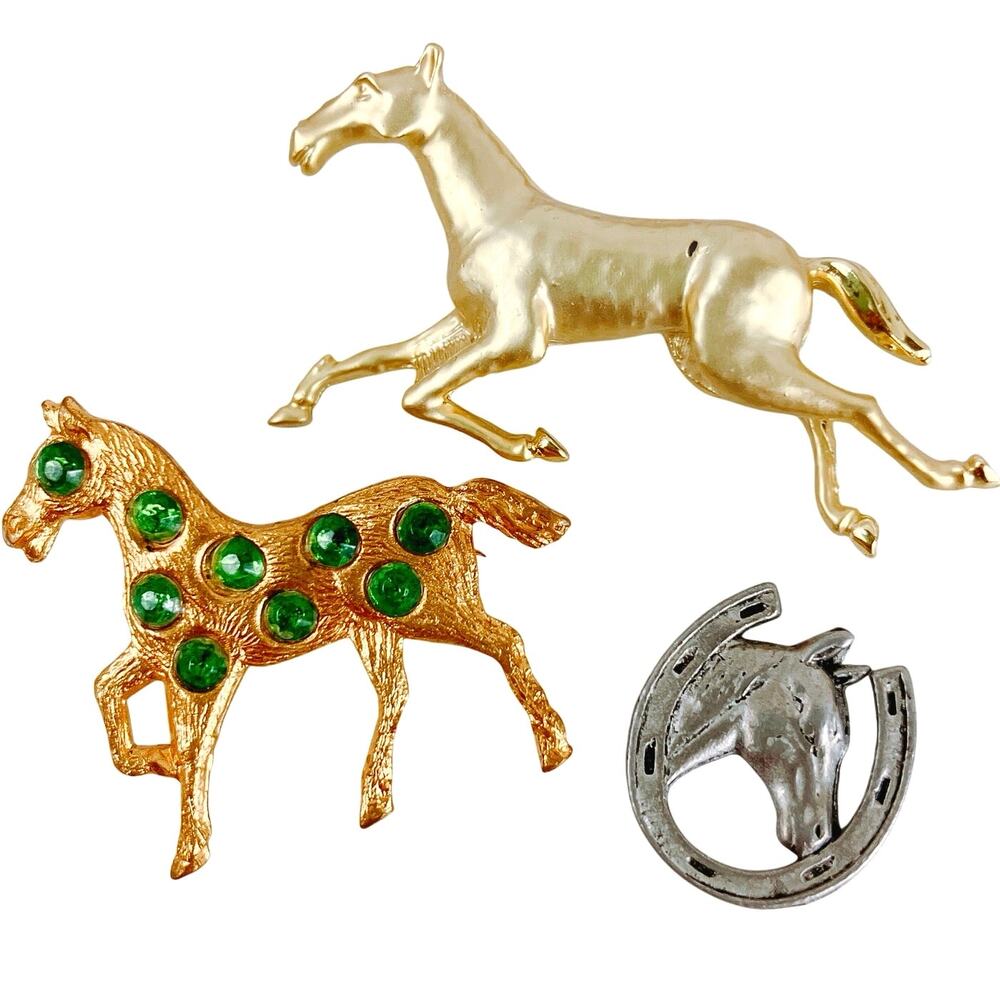 VTG Lot of 3 Horse Brooches and Sterling Charm Mid Century Equestrian Jewelry